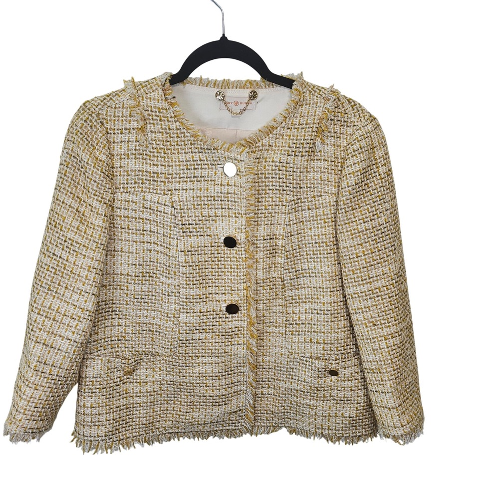Tory Burch Emma Women Tweed Jacket  Beige Yellow Waist Length Gold Details Sz 12